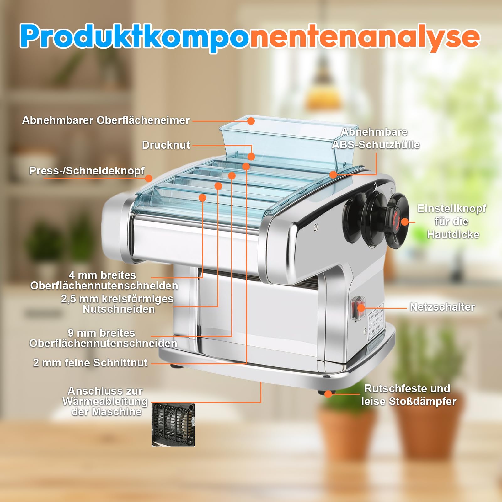 Macchina per pasta elettrica da 135 W, in acciaio inox, per la preparazione di spaghetti e lasagne, con 4 lame di larghezza (2 mm, 2,5 mm, 4 mm, 9 mm) e 9 spessori variabili di impasto