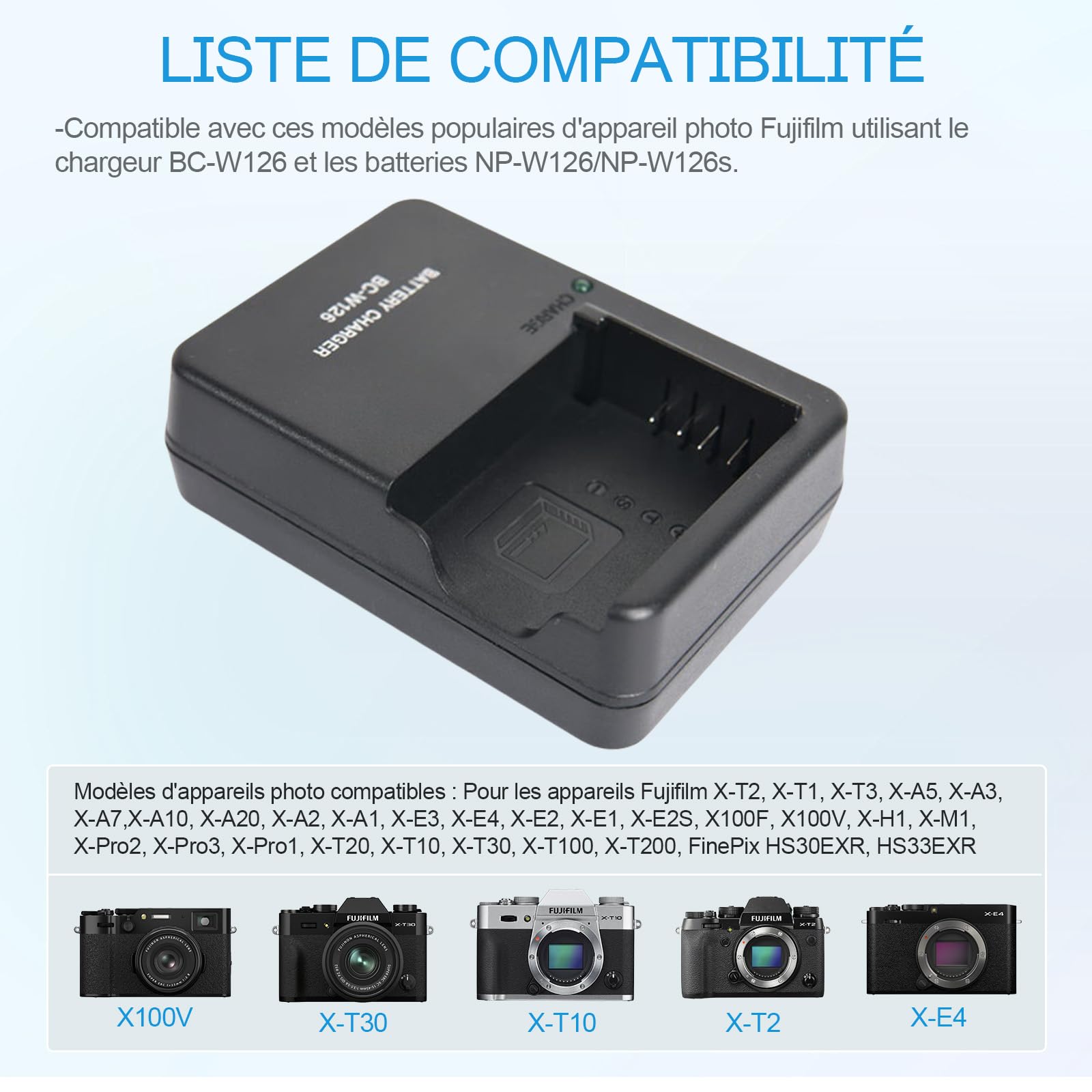 BC-W126 NP-W126 NP-W126S Chargeur de Batterie Compatible avec Fujifilm FinePix X100VI, X100V, X100F, X-A5, X-A10, X-E4, X-Pro2, X-Pro3, X-T1, X-T2, X-T3,X-T10,X-T20,X-T30,X-T30 II Appareil Photo