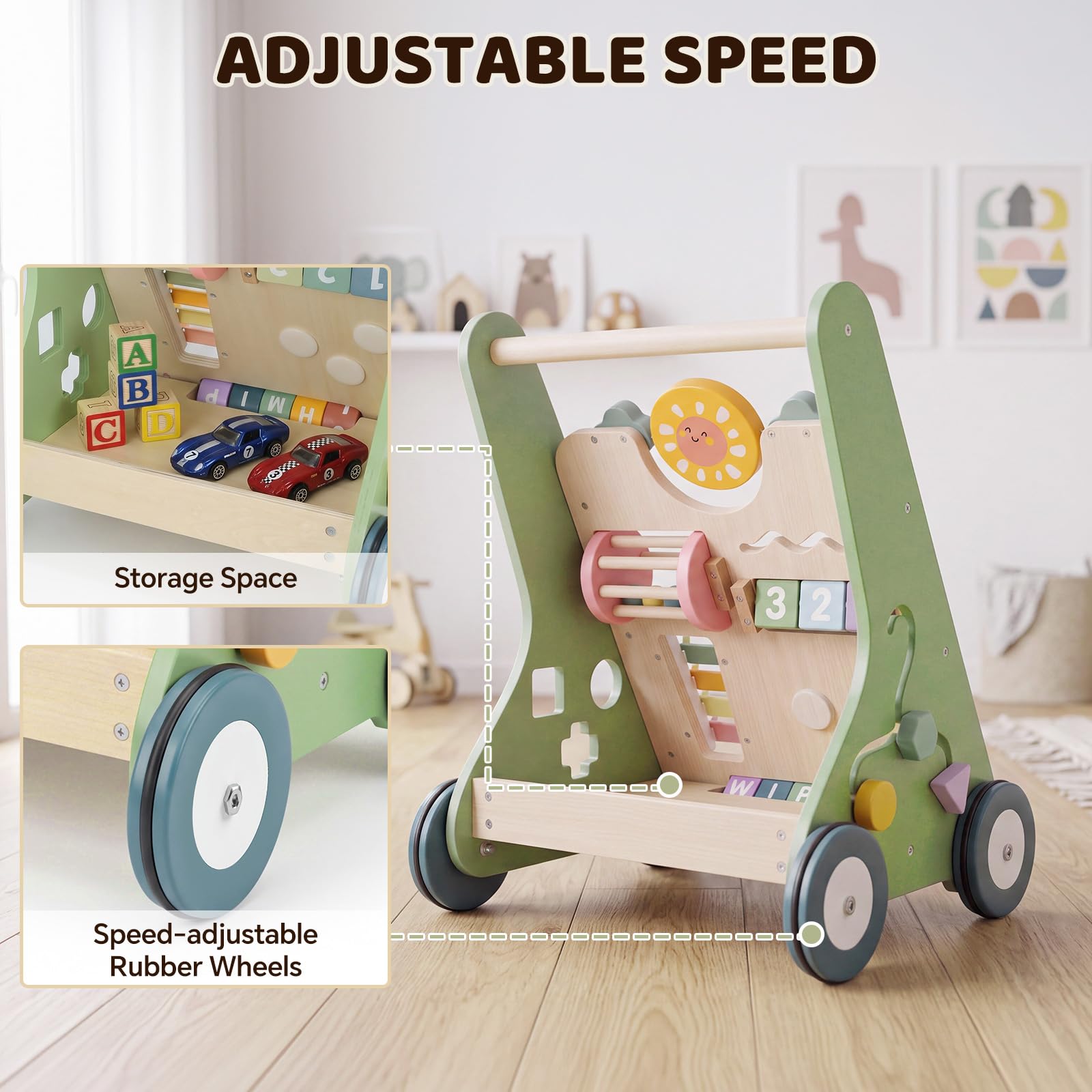 Green Montessori Walker z drewna, zabawka Baby Walker z regulowaną prędkością