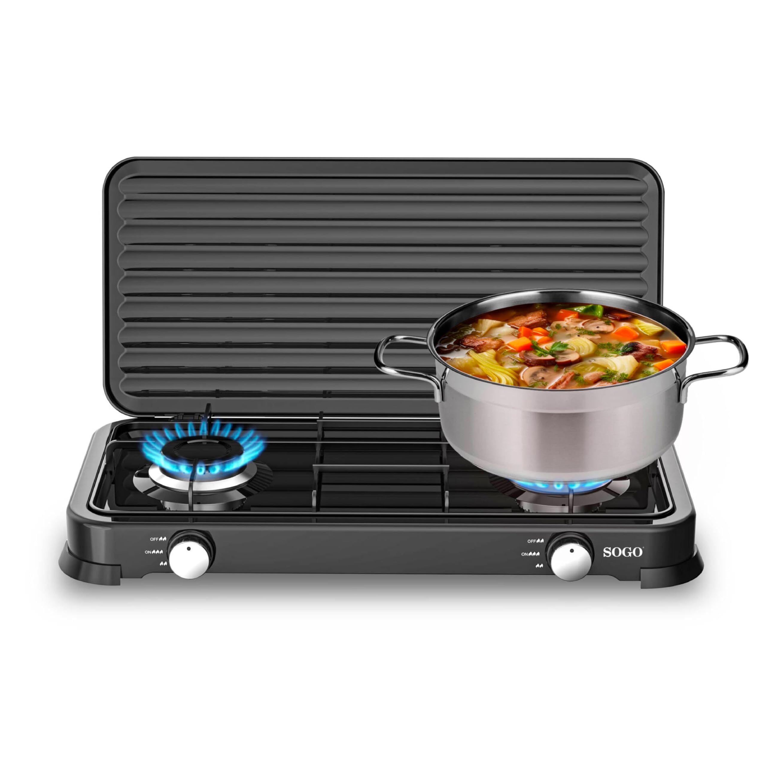 SOGO Hornillo Camping Gas Portátil 2 Fogones para Exterior GLP y Propano - Cocina Camping con Control Preciso de Llama - Cocina de Gas Portátil para Terraza y Aire Libre Compacta y Eficiente