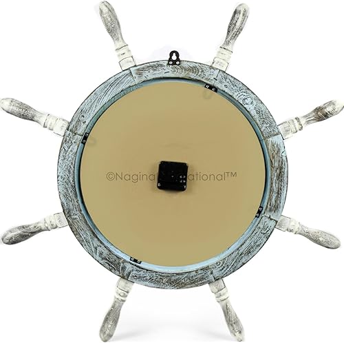 Miniatura 7 de Nagina International Reloj de rueda de barco de pared de pirata náutico de madera de pino azul océano antiguo de 28 pulgadas | Regalo vintage