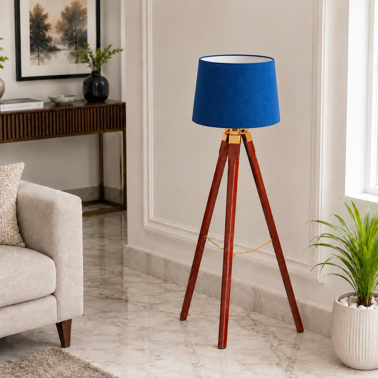 Luminara Tripod Elegance Wooden Floor Lamp with Premium Blue Shade, Adjustable Height, |E27 Bulb Holder | Modern Home & Living Room Lighting | Room Corner| Sofa & Bedside lamp | Tripod Floor Lamp-picture-27