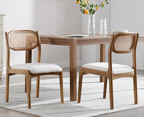 Miniatura 10 de EALSON Juego de 2 sillas de comedor de ratán estilo granja, modernas de mediados de siglo, sillas auxiliares de cocina tapizadas de lino con