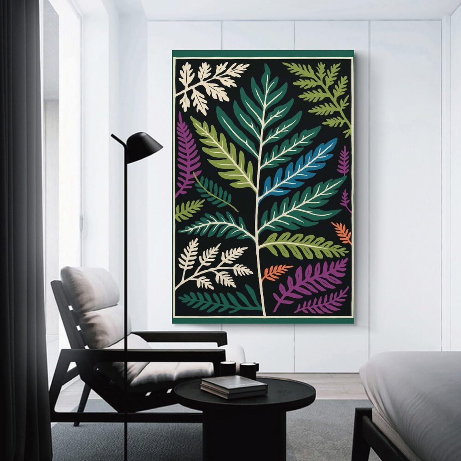 Junmoney Canvas Art Print Ferns on Black Background, 08x12inch(20x30cm), for Gallery Wall Layouts in Home Or Office, A Versatile Canvas Print for Layering