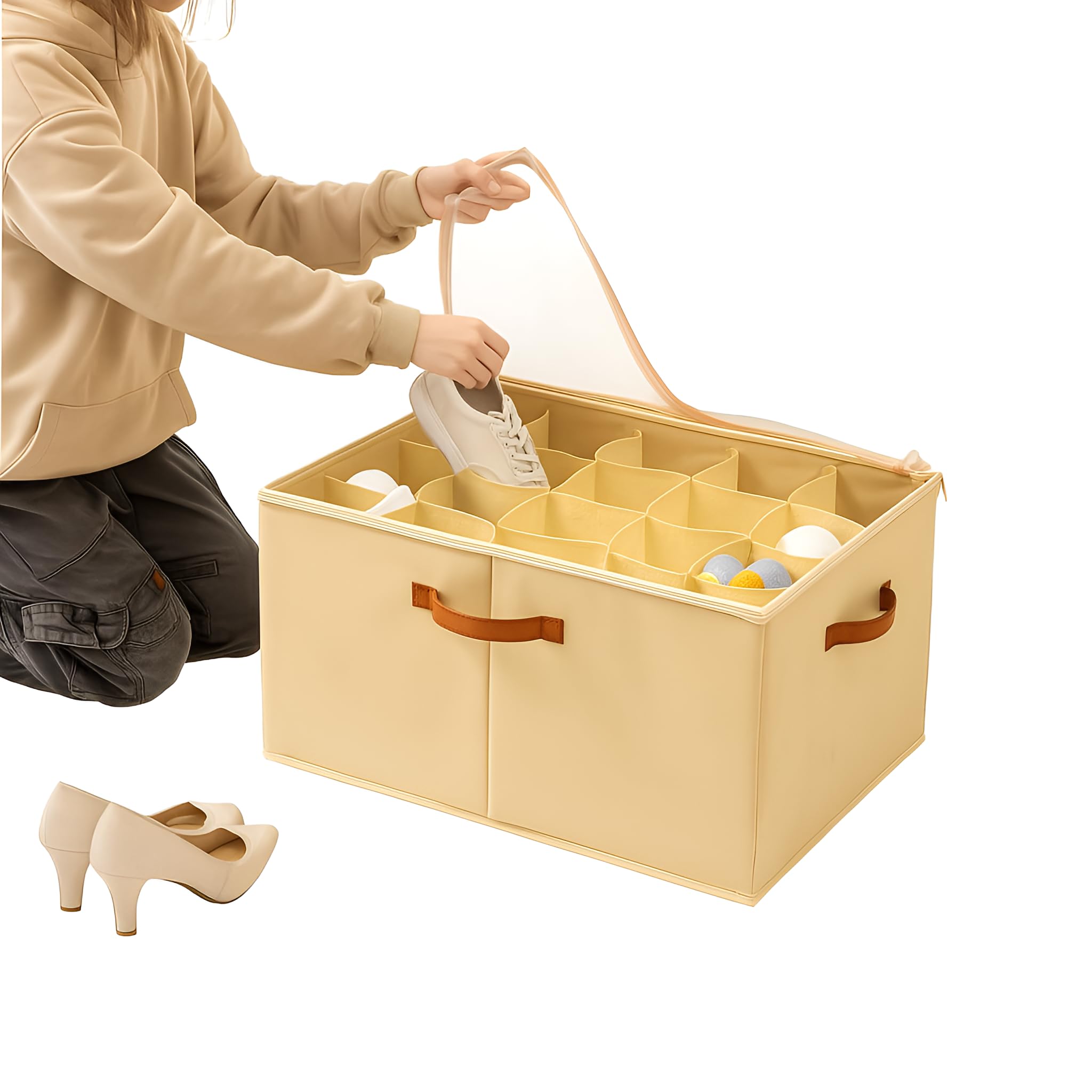 Kashee's Shoe Organiser Box with Clear Zippable Cover & Adjustable Dividers β 20-Grids Shoe Storage Box for Closet, Wardrobe & Space Saving (Cream)