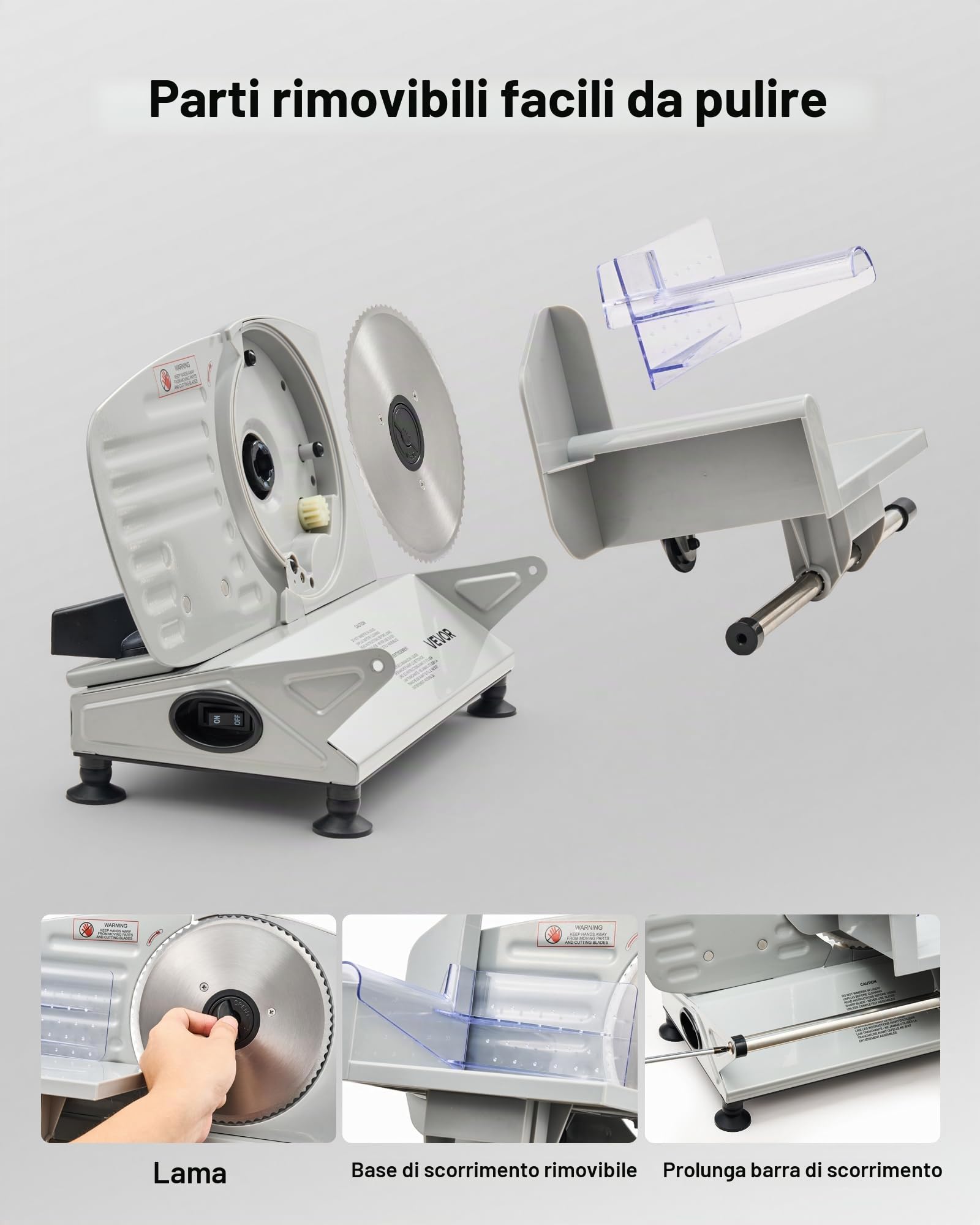 VEVOR Affettatrice Elettrica per Carne Congelata per Casa da 150 W con Lama da 17 cm, Affettatrice con Spessore Regolabile da 0 a 15 mm per Carne Congelata, Prosciutto, Velocità da 65 a 90 giri/min