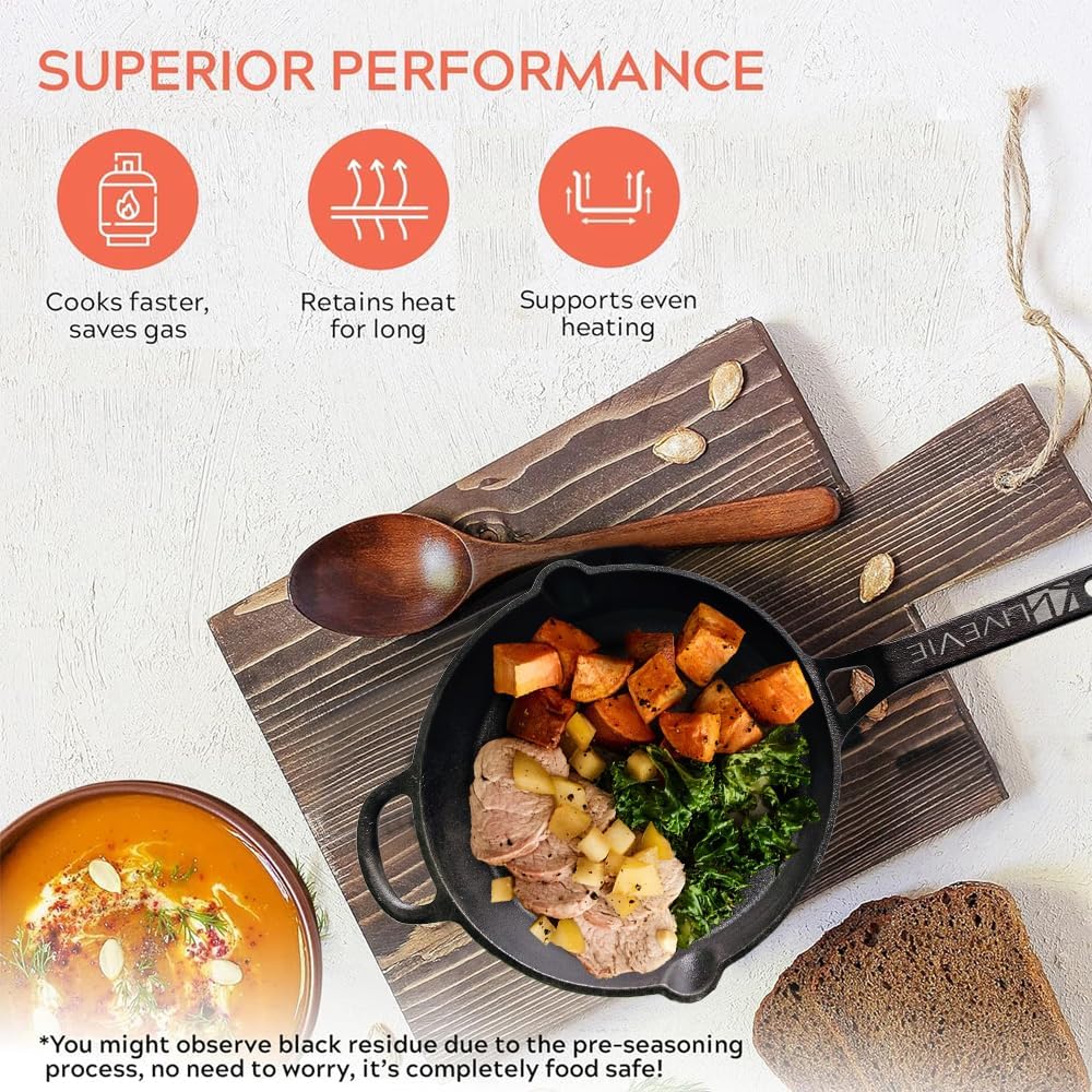 LIVEVIE 10-Inch Cast Iron Skillet, Pre-Seasoned Cast Iron Frying Pan with Long Handle, Heavy-Duty Tawa for Roti, Dosa, Pancakes, Tortillas & Everyday Cooking