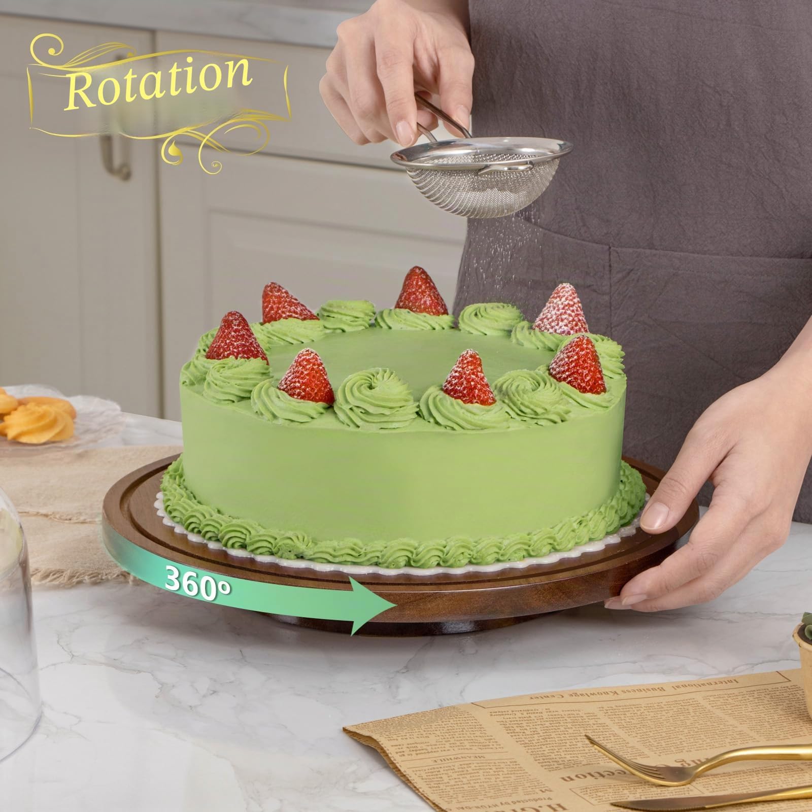 ANBOXIT Presentoir a Gateau Sur Pied, Support Gâteau en Bois d’ Acacia, Cloche à Gâteau en Acrylique, Présentoir à Gâteau avec Dôme - Tournant