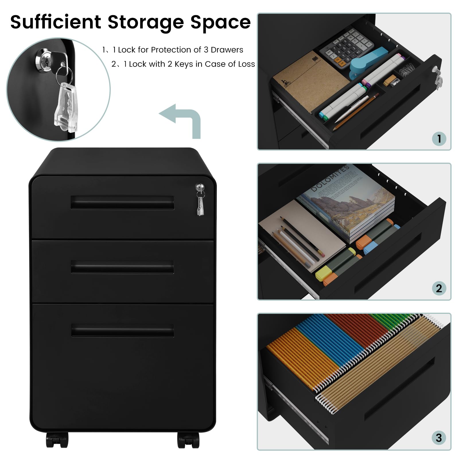 WOLTU Cassettiera a 3 Cassetti con Chiave, Schedario da Ufficio in Metallo, Organizer Porta Documenti con 4 Ruote, Organizzatore per Formato A4 Letter in Studio, Camera da Letto, Nero, ASK04sz