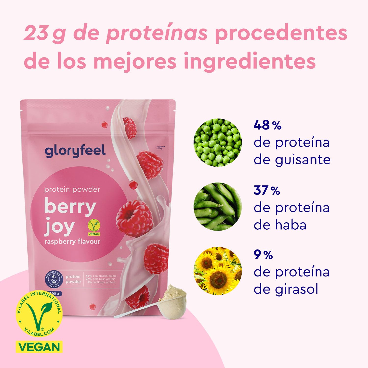 Proteína Vegana - Sabor FRAMBUESA - 1kg Proteína en polvo sin azúcar - 23g de proteinas para aumentar o mantener la masa muscular - Aislado de proteina de guisante - Sin soja, gluten ni lactosa