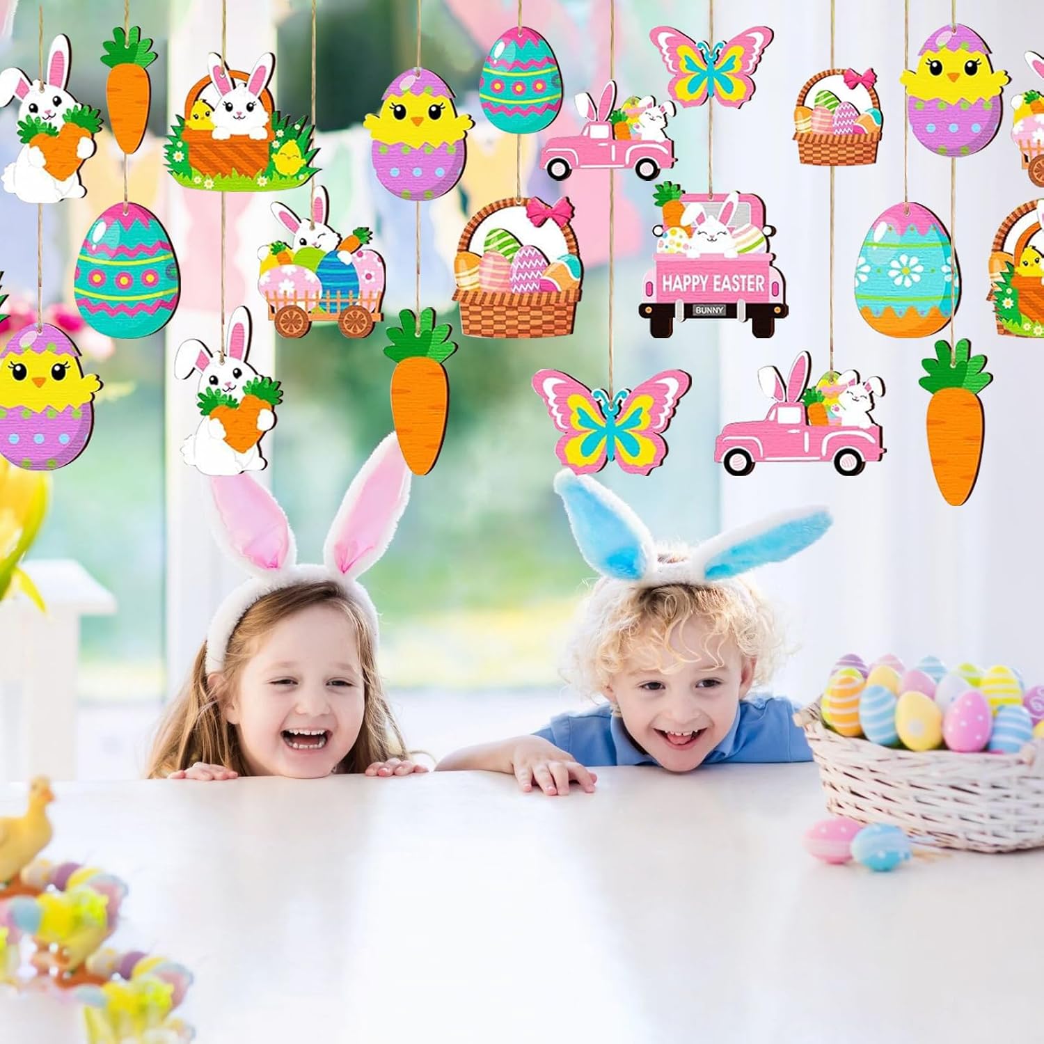 36 Pieces Easter Decorations,Easter Wooden Ornaments for Tree,12 Styles Egg Gnome Bunny Chick Cutouts Wood Hanging Ornament Spring Wooden Slice Decorations for Party Home Classroom Decor