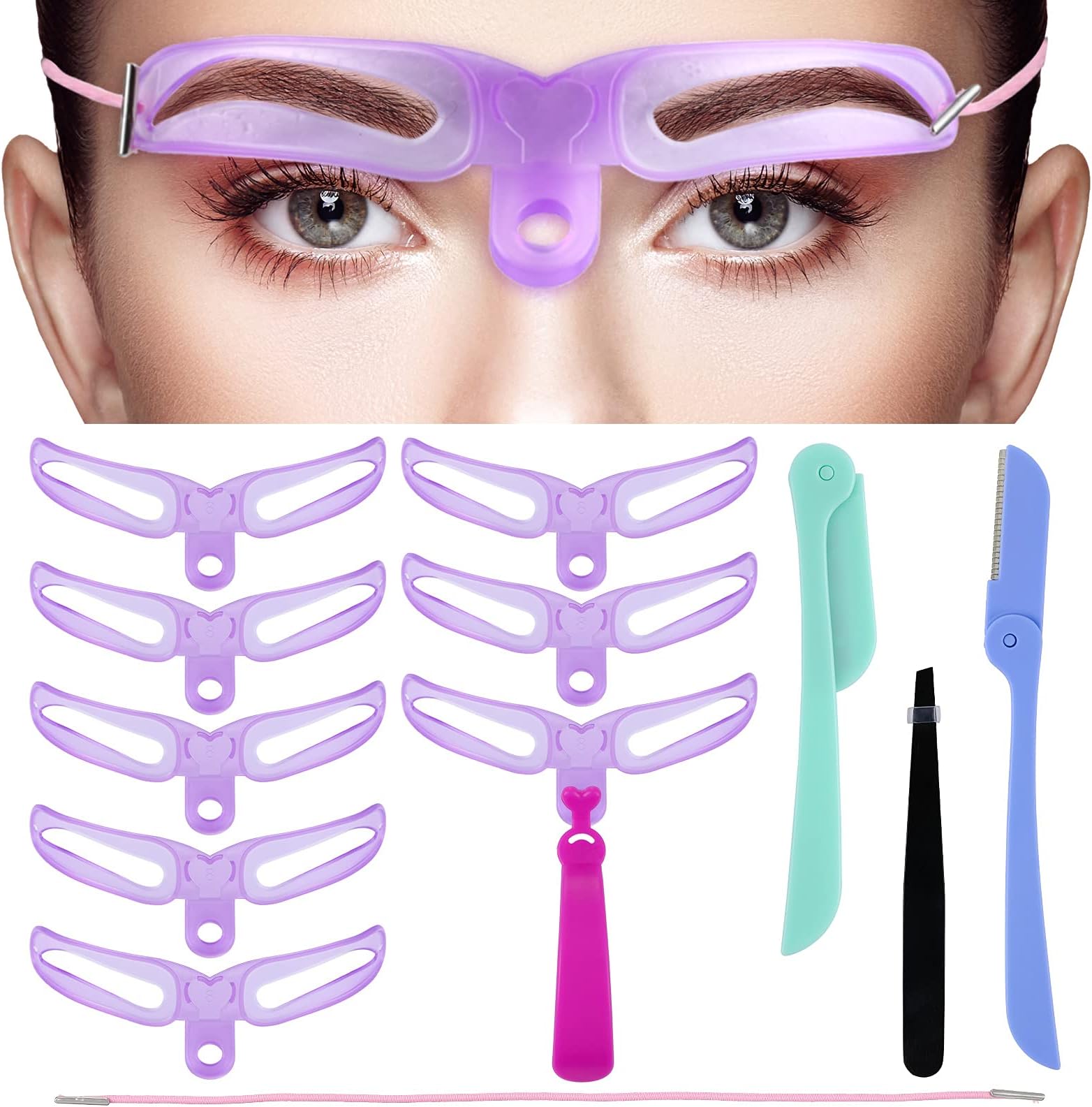 Honoson 8 Pieces Eyebrow Stencil 8 Styles Eyebrow Template Reusable DIY Grooming Shaping Kit Washable Brow Template with Handle Stainless Steel Tweezers and Foldable Razor (Chic Style)