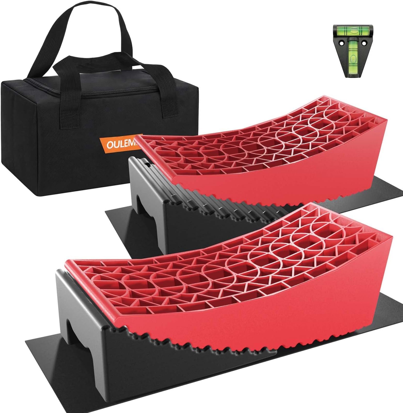 RV Leveling Blocks, Camper Leveler System 2 Packs for Dual Axle Tandem Wheel Travel Trailer, Include 2 Curved Leveler Ramp, 2 Chock, 2 Rubber Mat, 1 T Bubble Level, 1 Carry Bag