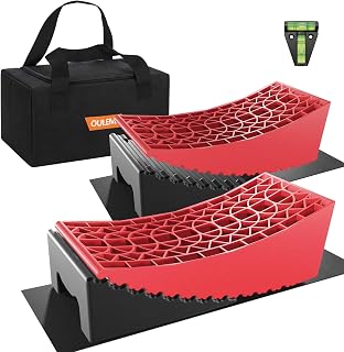 OULEME RV Leveling Blocks, Camper Leveler System 2 Packs for Dual Axle Tandem Wheel Travel Trailer, Include 2 Curved Leveler Ramp, 2 Chock, 2 Rubber Mat, 1 T Bubble Level, 1 Carry Bag