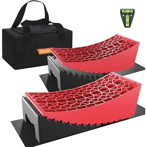 OULEME RV Leveling Blocks, Camper Leveler System 2 Packs for Dual Axle Tandem Wheel Travel Trailer, Include 2 Curved Leveler Ramp, 2 Chock, 2 Rubber Mat, 1 T Bubble Level, 1 Carry Bag