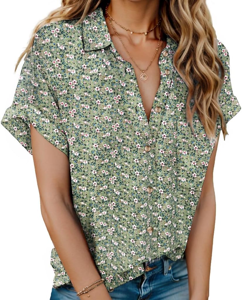 Hotouch Linen Shirts for Women Cotton Short Sleeve V Neck Collared Button Down Blouses