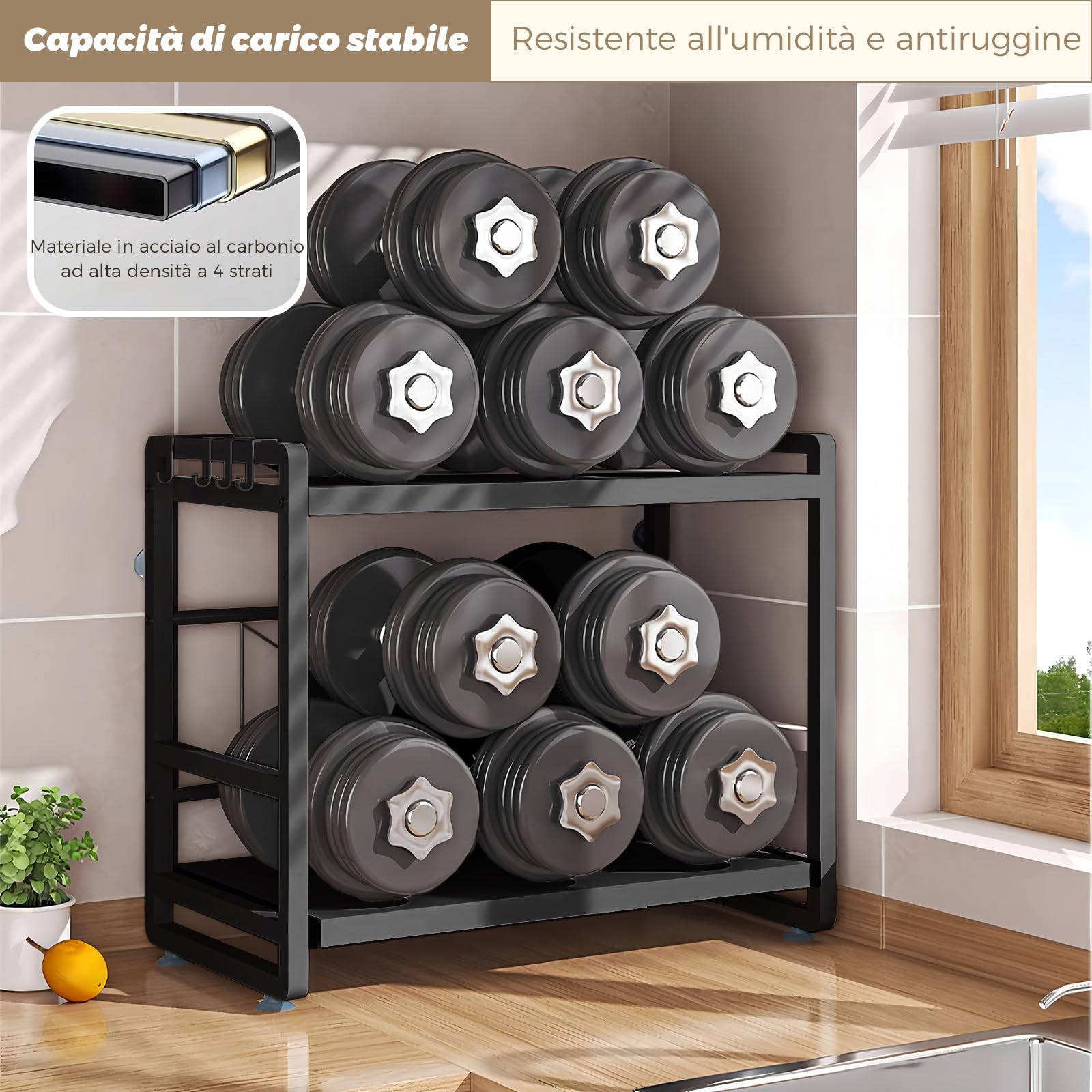 Scaffale per microonde a 2 livelli, mensola da cucina estensibile e regolabile in altezza, con cassetto, in acciaio al carbonio, con ganci e ventose di rinforzo inclusi, facile da montare