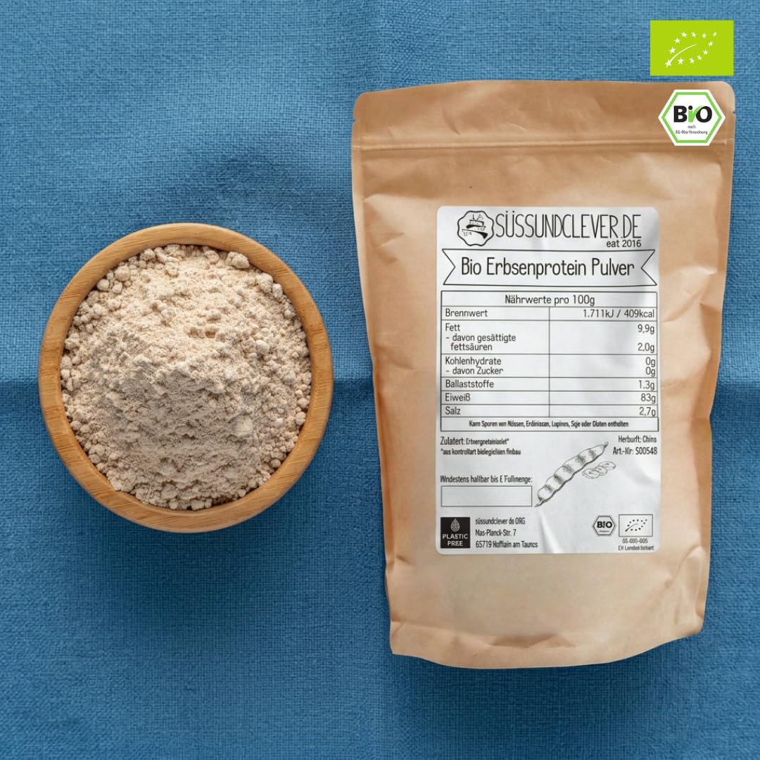 süssundclever.de® Bio Erbsenprotein Pulver | Isolat | 82% veganes Protein | 3,0 kg (3 x 1kg) | Ohne Zuckerzusatz oder Aromen | in ökologisch-nachhaltiger Verpackung