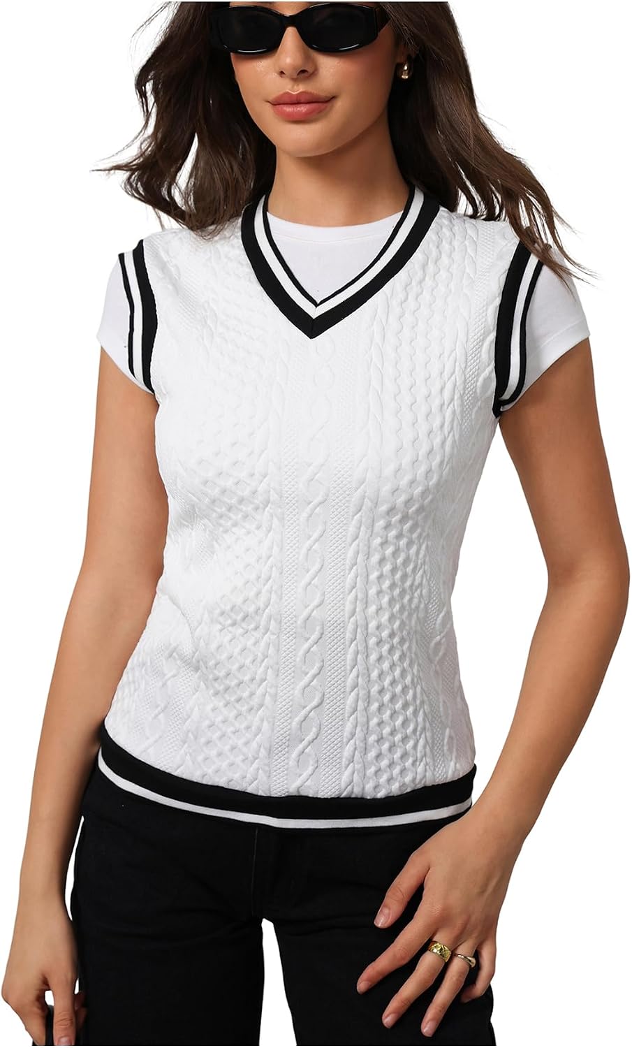 SOLY HUX Women's Striped Tank Tops V Neck Sleeveless Cable Knit Preppy Sweater Vest