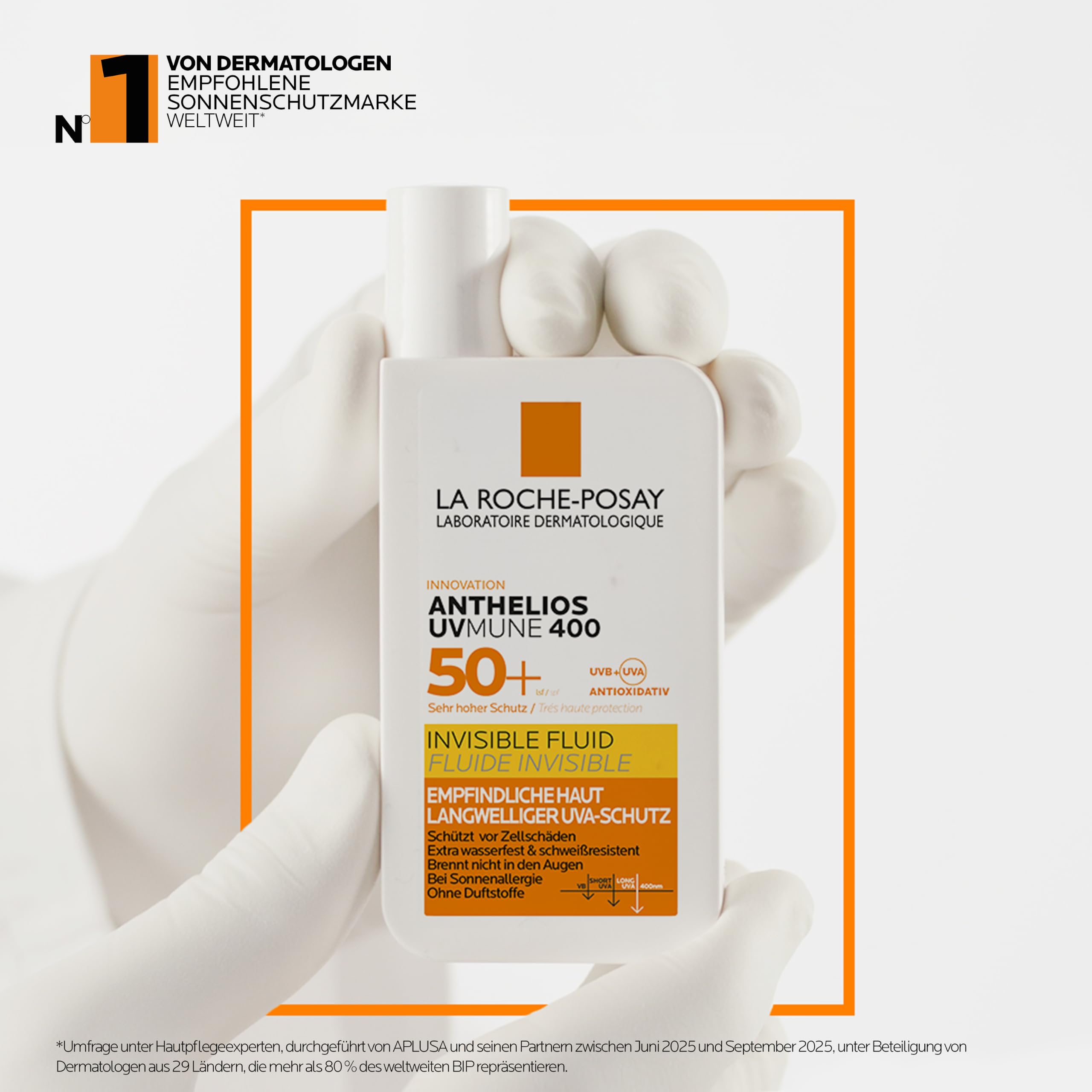 La Roche Posay Sonnenfluid für das Gesicht für zu Sonnenallergie neigende und empfindliche Haut, Mit innovativem UV-Filter Mexoryl 400 LSF 50+, Anthelios Invisible Fluid UVMune 400, 50 ml
