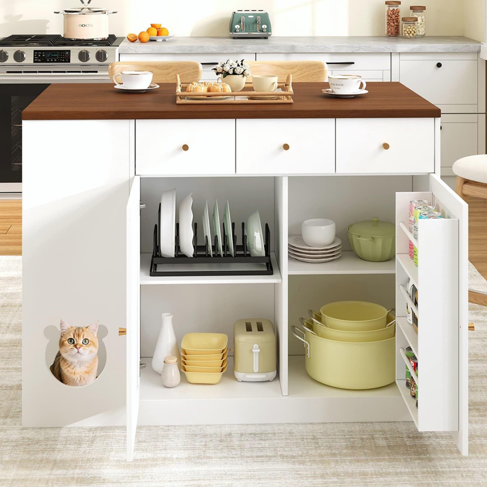 PUGSDRLY Îlot de Cuisine 120x40x90cm, avec Plan de Travail Escamotable, 3 Tiroirs, 2 Portes, Meuble Bar avec Rangement Épices et Espace Repas Intégré, pour Cuisine ou Salon (White + Deep Walnut)