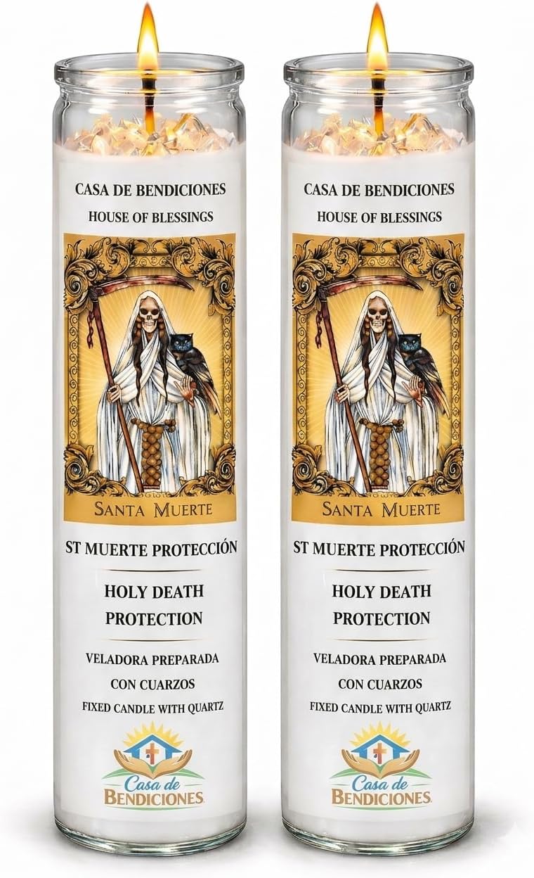 Santa Muerte PROTECCION Vela PAQUETE DE 2 -HOLY Death Protection Candle 2 Pack, Veladora Preparada con Cuarzos-Fixed Candle with Quartz, Casa de Bendiciones- House of Blessings,White (2)