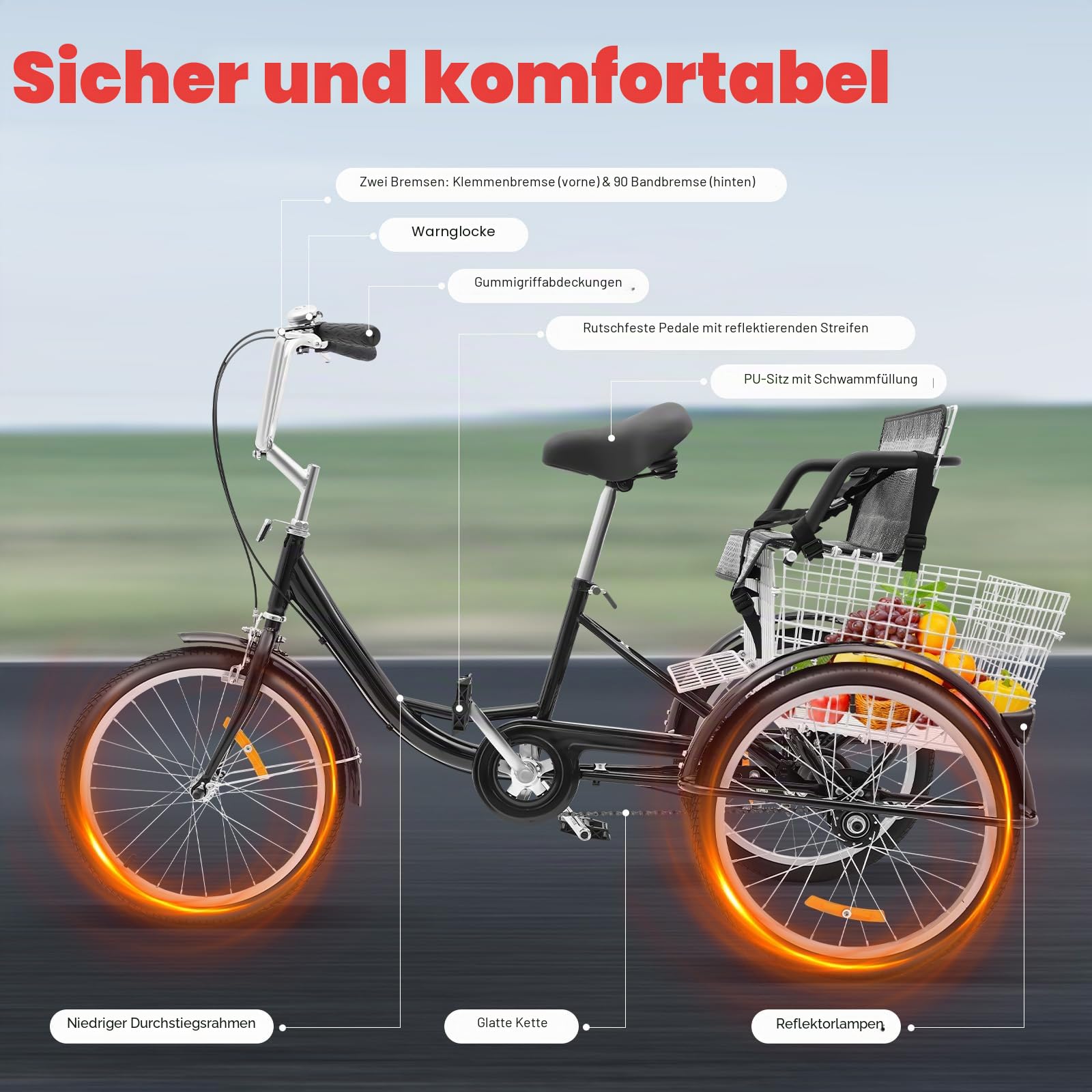 20 Zoll Erwachsenen-Dreirad mit Kindersitz, Dreirad Fahrrad mit Verstellbarer Lenker, Sattel und Korb, 3 Rad Fahrrad für Erwachsene Senioren, für Erholung, Einkaufen, Picknicks Spielzeug
