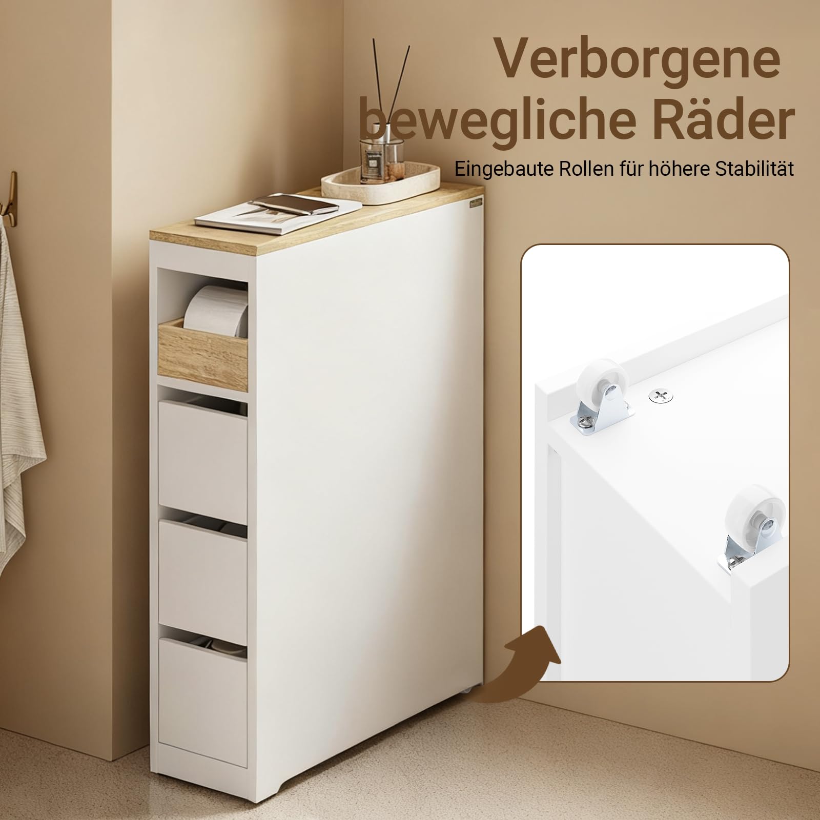 SoBuy Badezimmerschrank mit Rollen, 20 cm Schmaler Nischenschrank mit 3 Schubladen, Kompakte Badregal aus Holz, Beweglicher toilettenschrank für kleine WC en Küche, Weiß, 60x20x82,3cm, BZR54-K-W