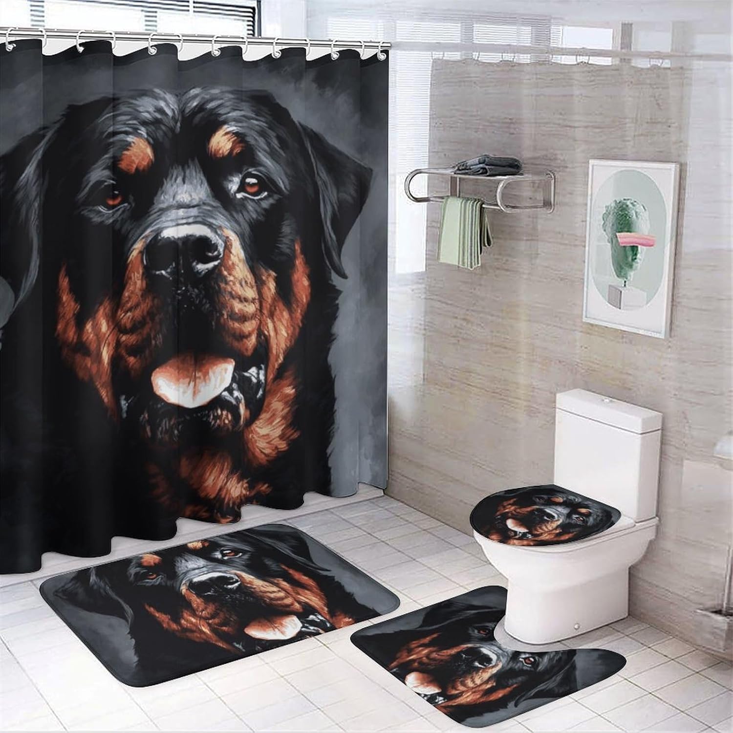 Cool Rottweiler Dog Art Shower Curtain Set 4 Piece, Non-Slip Bath Mat with Toilet Lid Cover and Waterproof Shower Curtain with 12 Hooks, Complete Bathroom Set for Home Decor