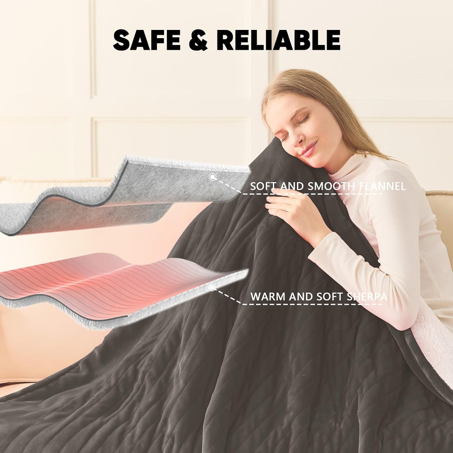 greenoak Heated Blanket Electric King Size 100"X90" Dual Control, Heating Blanket 10 Heat Levels 1/2/4/6/8 Hours Auto-Off, Sherpa Soft Warm Christmas Blanket, Lacquered Black - Image 7