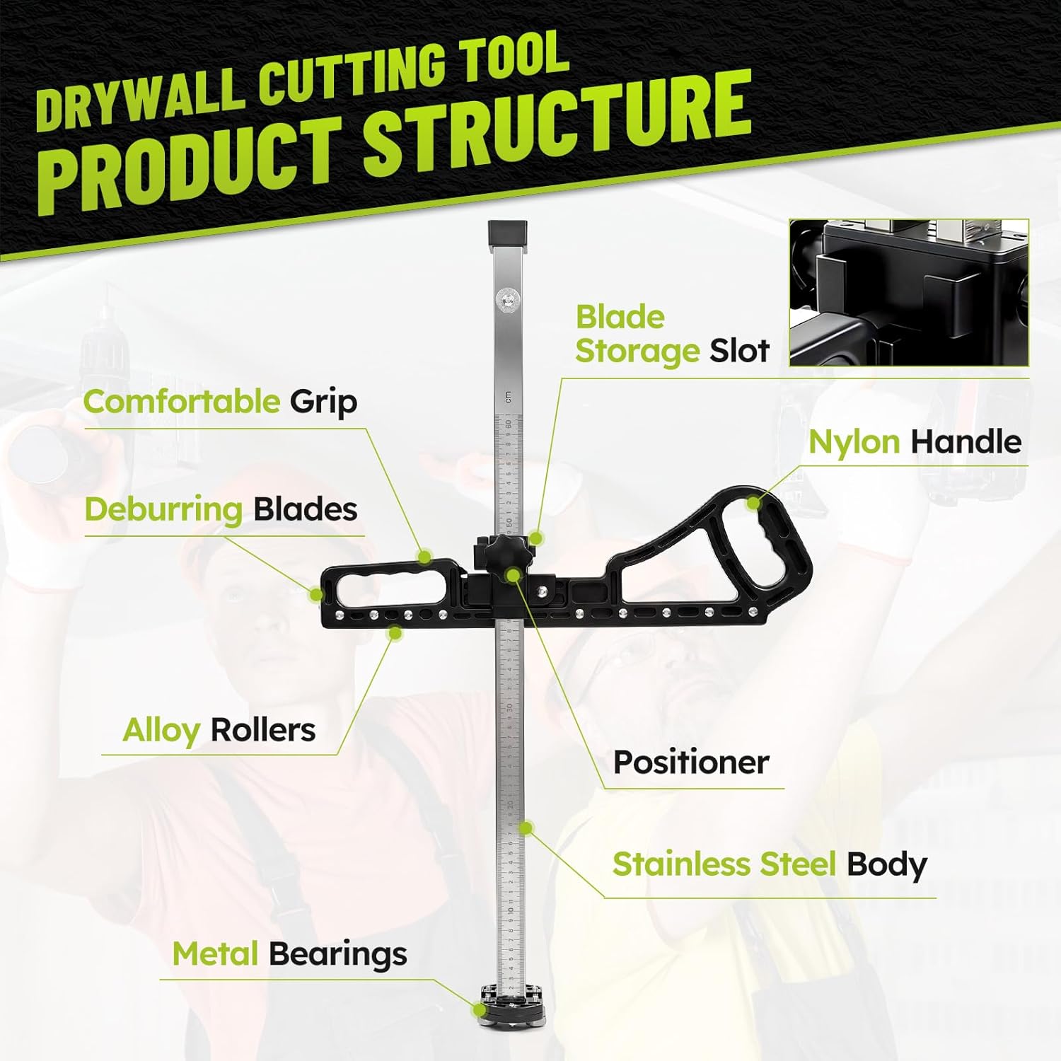Zozen Drywall Cutting Tool, Foldable Drywall Cutter with 10 Short Safety Blades & Storage Slot, Metric & Imperial Scale, Deburring Scraper, Adjustable Cut Height, Fits 1/4"& 3/8"& 1/2"& 5/8" Boards