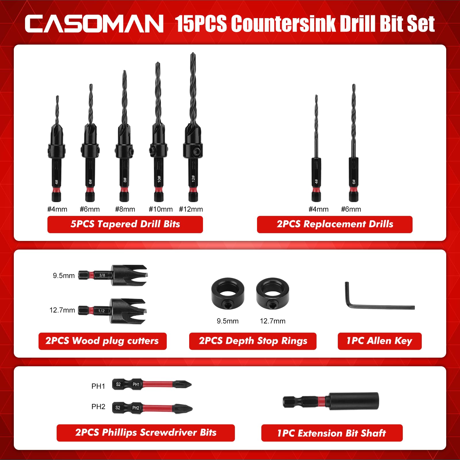 CASOMAN 15 PCS Countersink Drill Bit Set, Tapered Drill Bits for Woodworking, Quick-Change Wood DrillBit Kit with Storage Box