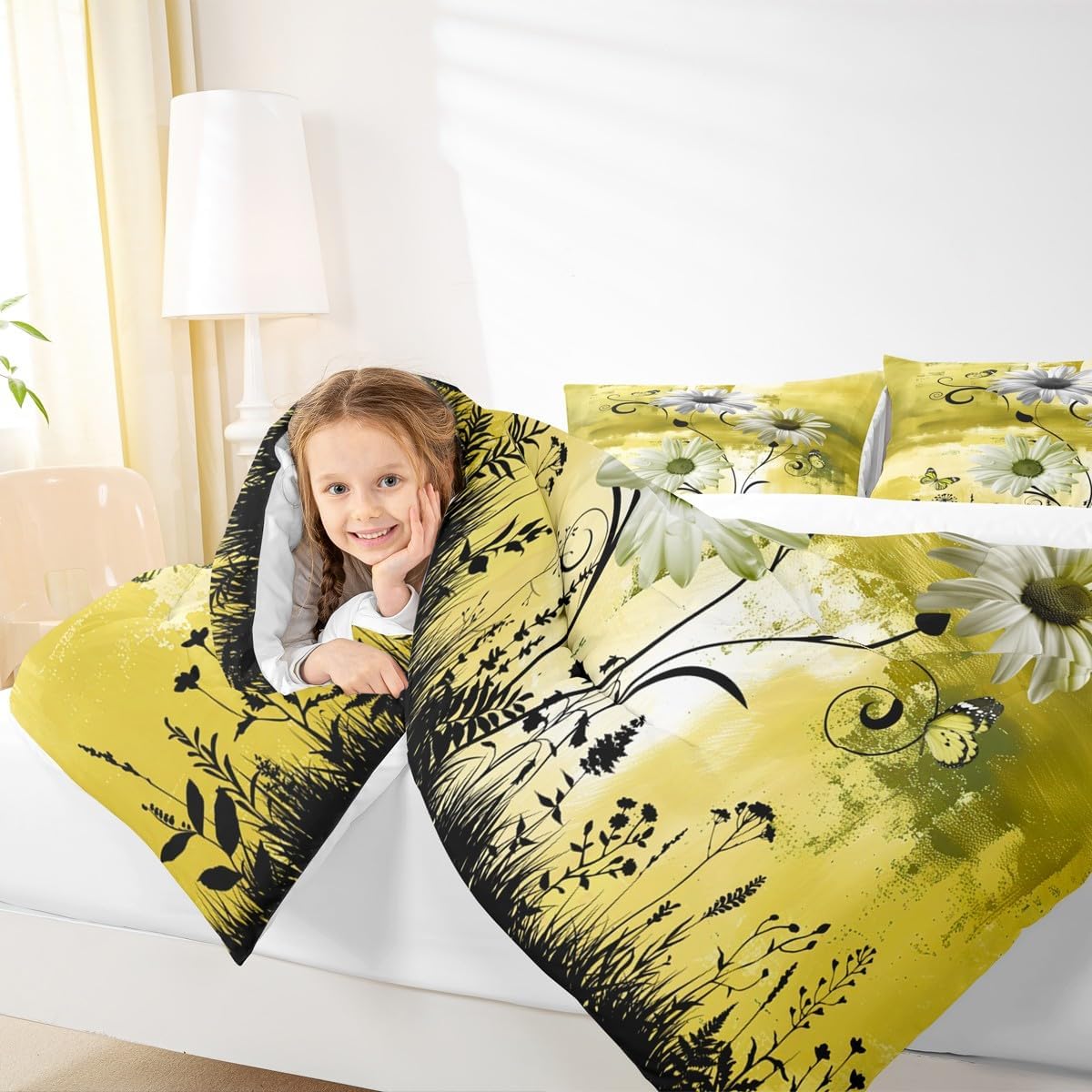 Castle Fairy Rustic Floral Full Size Comforter Set,Farm Daisy Flowers Butterfly Country Bedding Comforters Bedroom Collection,Yellow Abstract Art Graffiti Bedding Set for Girls Teens