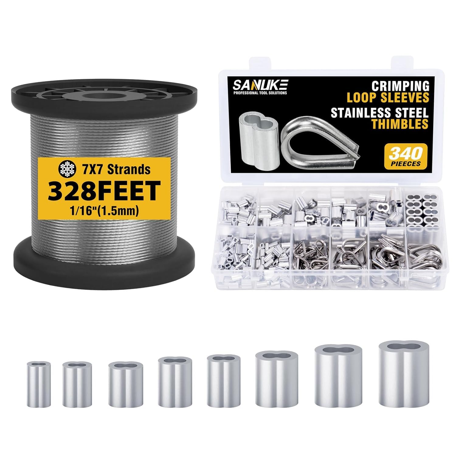 Sanuke 400pcs Crimping Loop Sleeves+328ft 304 Stainless Steel Cable+50pcs Stainless Steel Thimbles