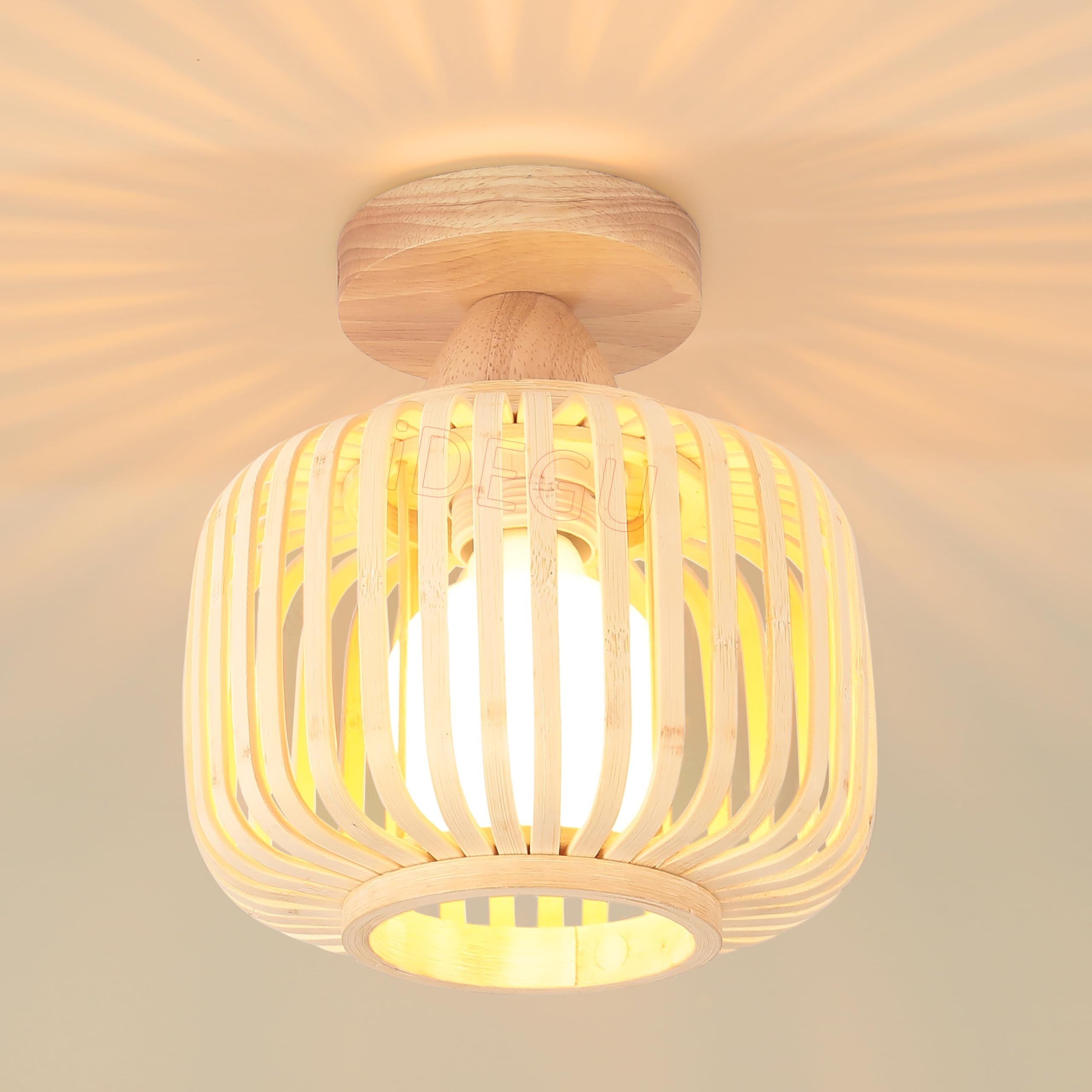 iDEGU - Lámpara de techo retro de madera y bambú, lámpara industrial E27, lámpara de techo, diseño de jaula, lámpara colgante vintage LED, iluminación de techo para dormitorio, salón, entrada,