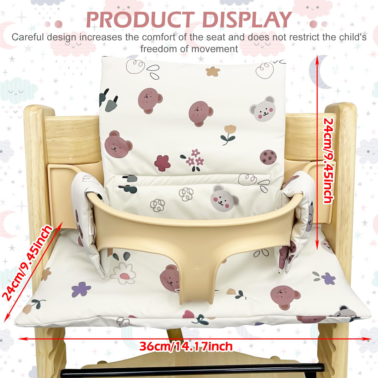 Sitzkissen für Stokke Tripp Trapp Hochstuhl: Rutschfest Hochstuhl Sitzkissen Set, Laminierte Beschichtung, Bio-Baumwolle Baby Sitzkissen, Maschinenwaschbar, Einfach Befestigung, Blumen, Bären