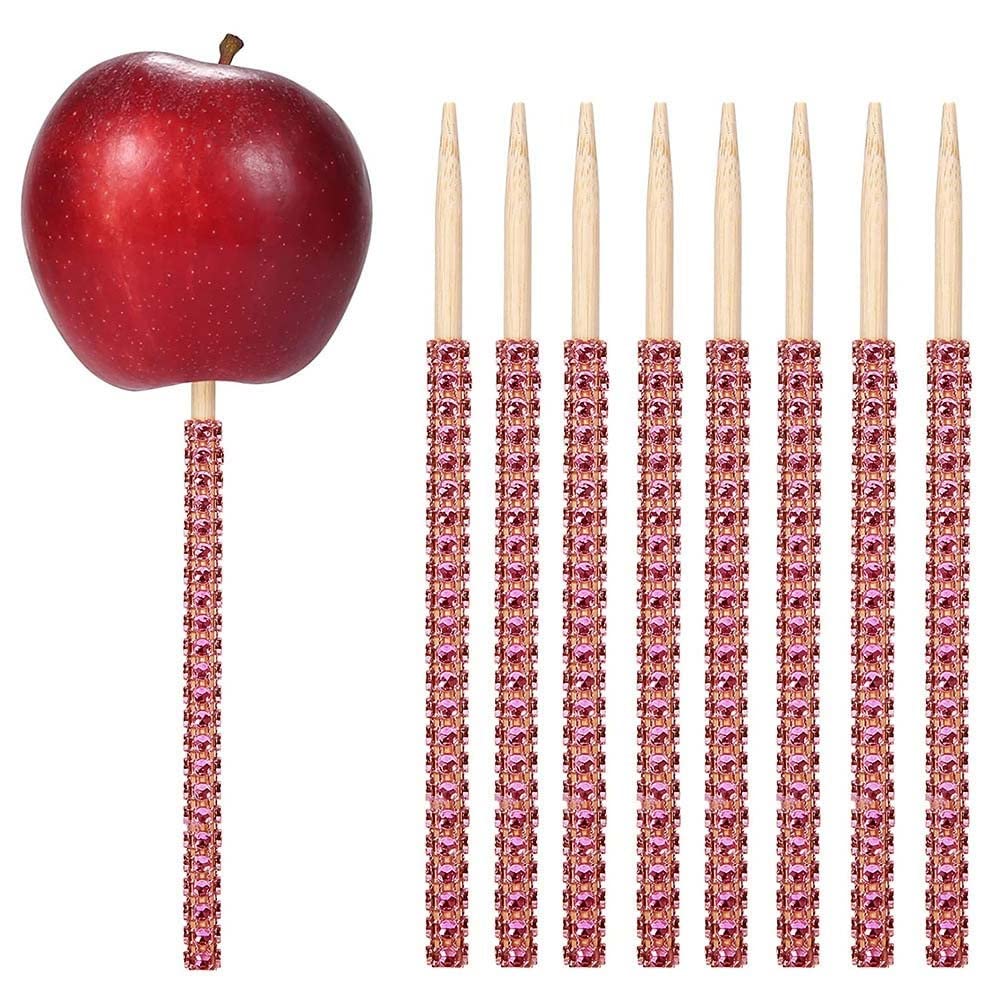 24 Pcs Candy Apple Sticks, Wooden Toffee Apple Sticks Decorated with Rhinestone, Multipurpose Food Skewer Candy Sticks for Making Cake Pops, Cake Toppers, Dessert, Corn Dog, Rose Gold