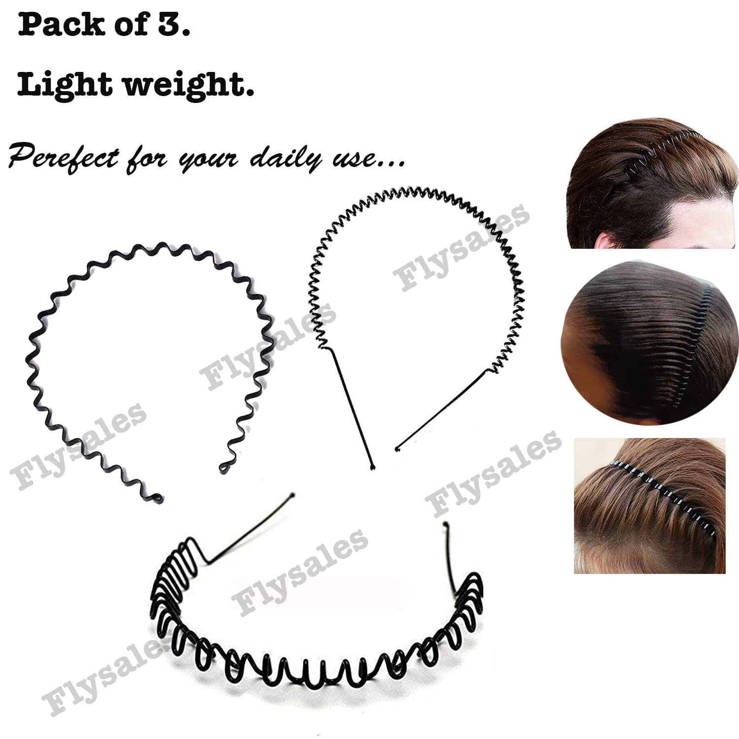 Flysales® Pack of 3 Black Flexible Metal Wavy,Spring Zig Zag Hair Band Hair Hoop Hairband Daily Use for Unisex Men Women (Design 8(pack 3)) 4
