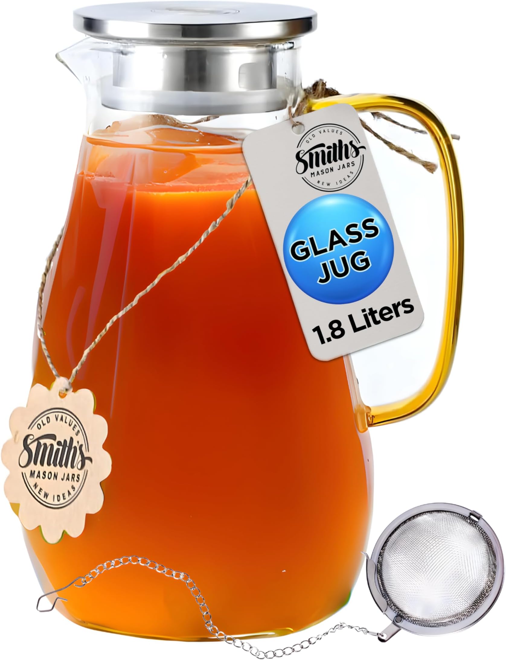 Smiths Mason Jars 1.8L Borosilicate Glass Water Pitcher with Infuser - Stylish Infused Jug with Removable 2-Way Lid and Tea Ball Infuser, Versatile for Hot - can use on hob - and Cold Drinks