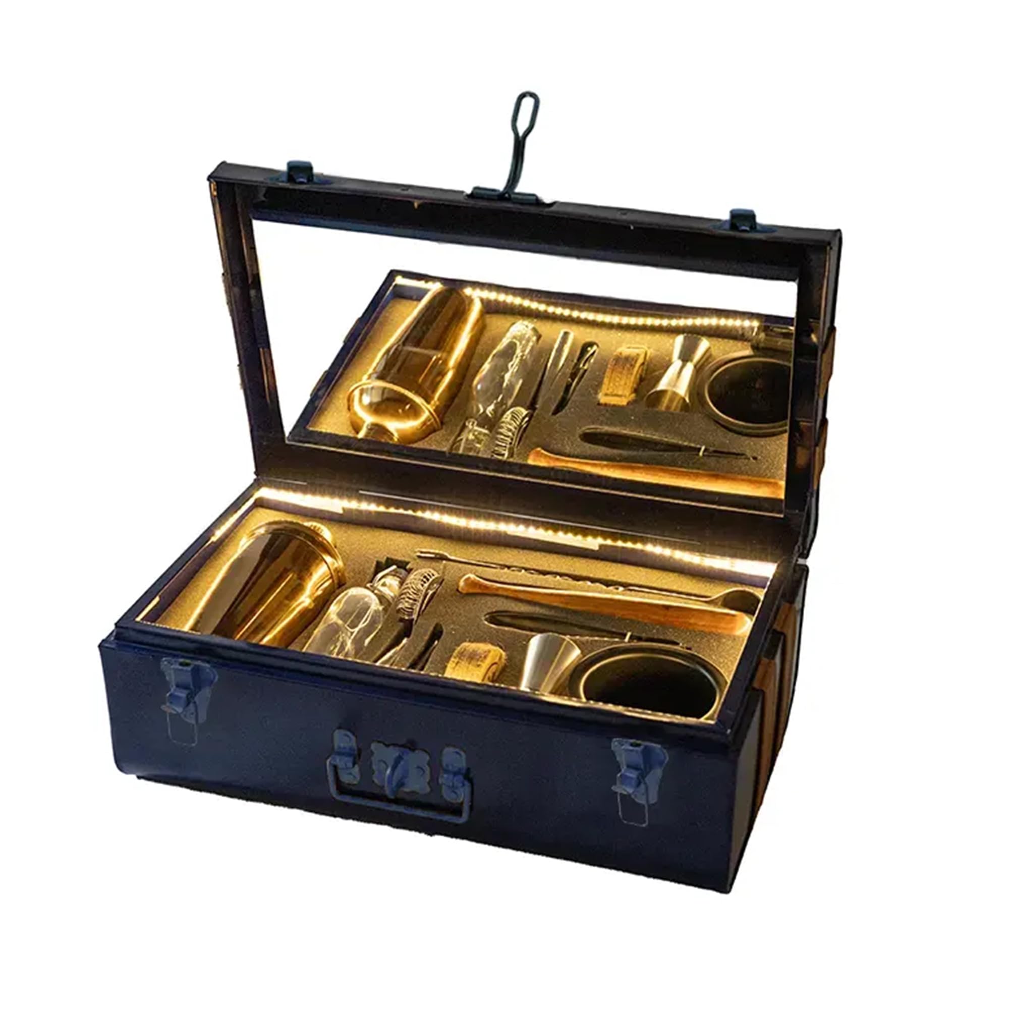 HAUS OF BARS by SpeedX - Portable Trunk Bar, Your Personal Carry On Bar in a Box with Glass Hip Flask, Cocktail Shaker, and More - Elevated Drinking Experience Midnight Blue with Tan Leather Stripes-image-30