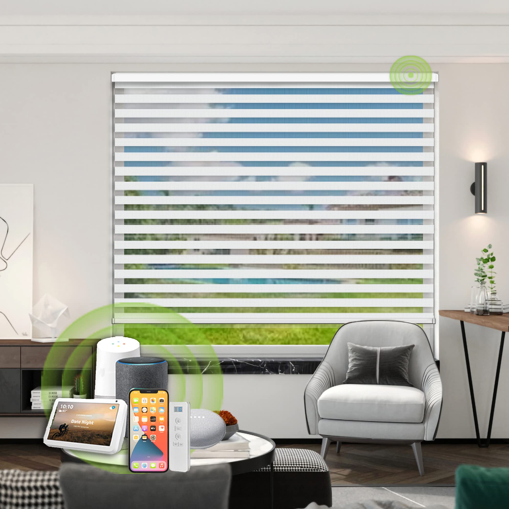 Motorized Zebra Blinds Compatible with Alexa, Smart Dual Layer Shades with Privacy Light Control, Electric Horizontal Window Blind Customized Size for Home Office (White)