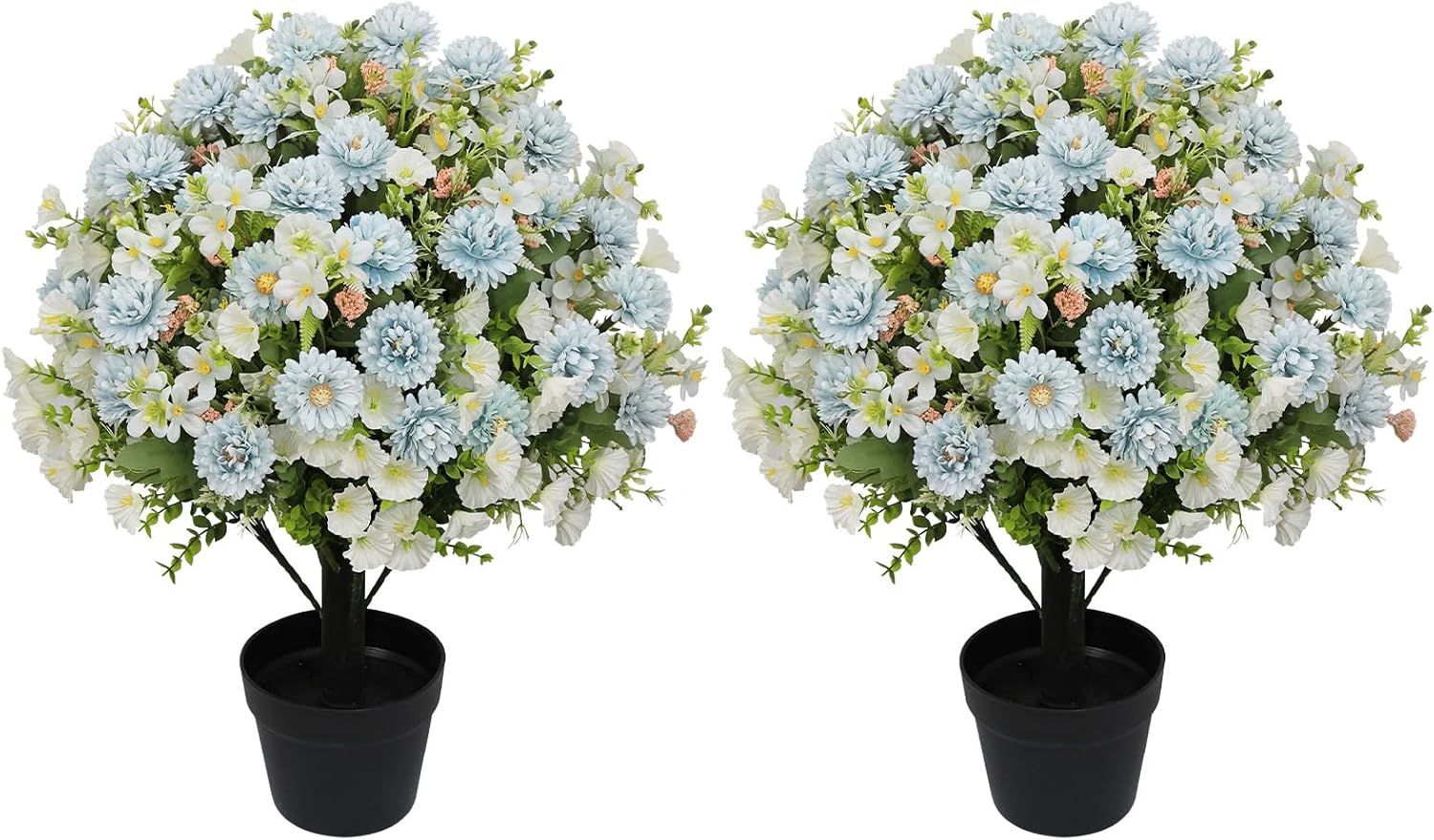 24" Artificial Daisy Flowers for Outdoors, Set of 2 - UV Resistant Faux Potted Eucalyptus Plants & Blue Silk Chrysanthemum Ball in Cement Pots for Covered Front Porch Indoor Spring Decor