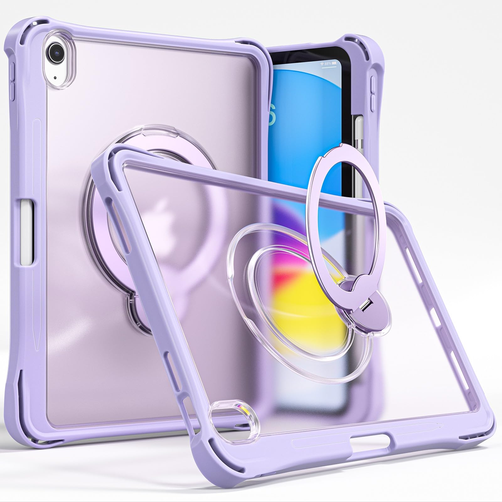 Housse iPad Pro 11 silicone violet transparent et support métallique