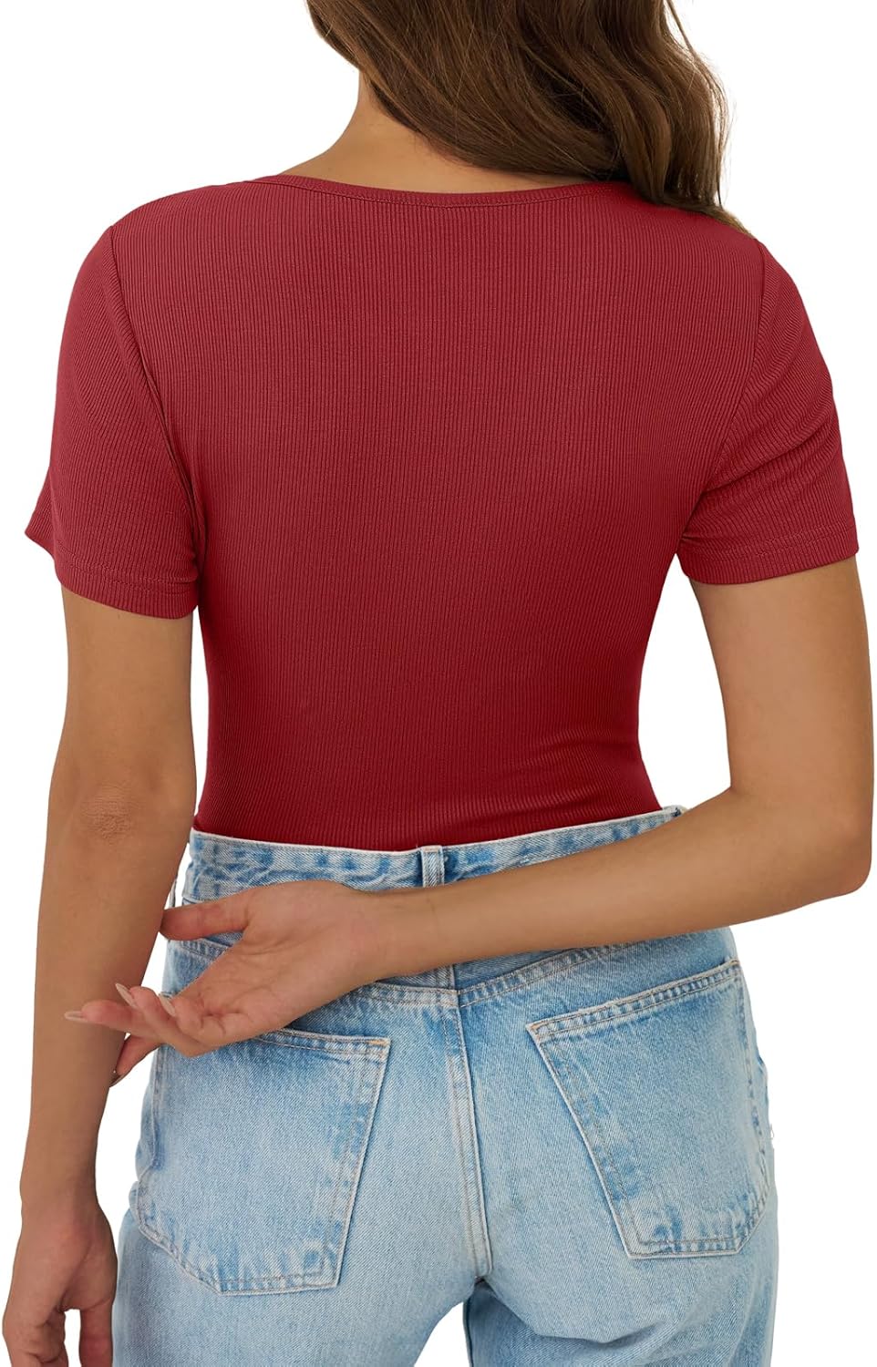 Womens Short Sleeve V Neck T Shirts Ribbed Lace Casual Tops Going Out Fitted Tight Shirts Basic Tee 2026 Outfits Trendy - Image 5