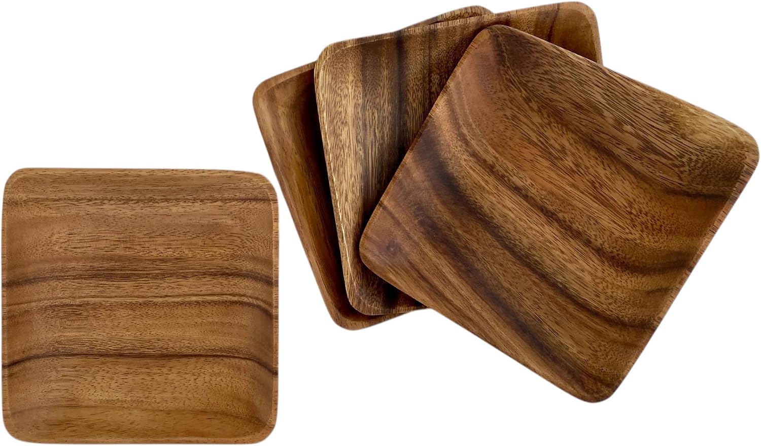 Acacia Wood Square Plates, 6 Inch, Dessert, Snack & Bread Plate, Set of 4