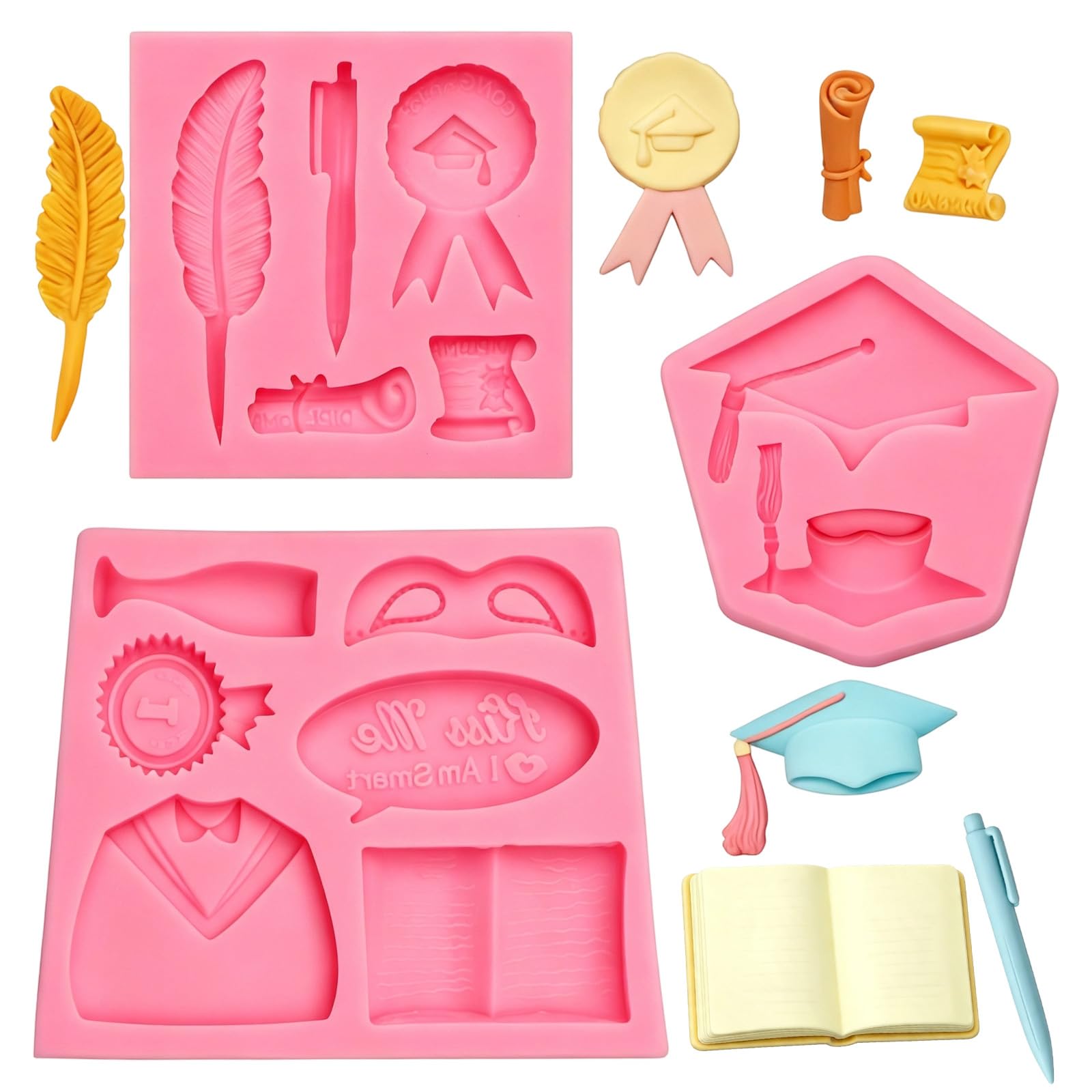 Silikonformen zum Thema Schulabschluss, rosa, 3er-Set | Mit Abschlusskappe, Abschlusszeugnis, Anstecknadel und Buchmotiven, geeignet für Themenpartys und als Dekoration für Cupcakes