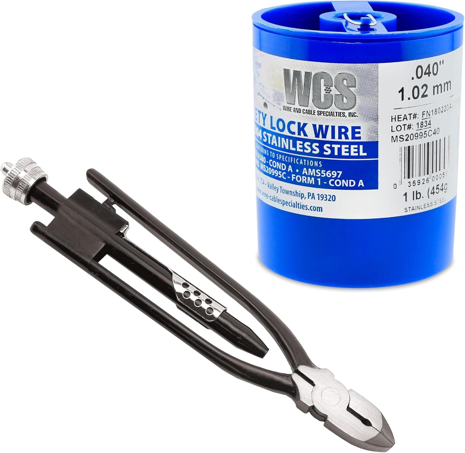 Lock Wire, .040 in (1.01 mm), 1 lb (0.45 kg) Dispenser Can, Approx. 231 ft (71 m) and 10.5 Inch Safety Wire Pliers, One Pull Action Wire Twister