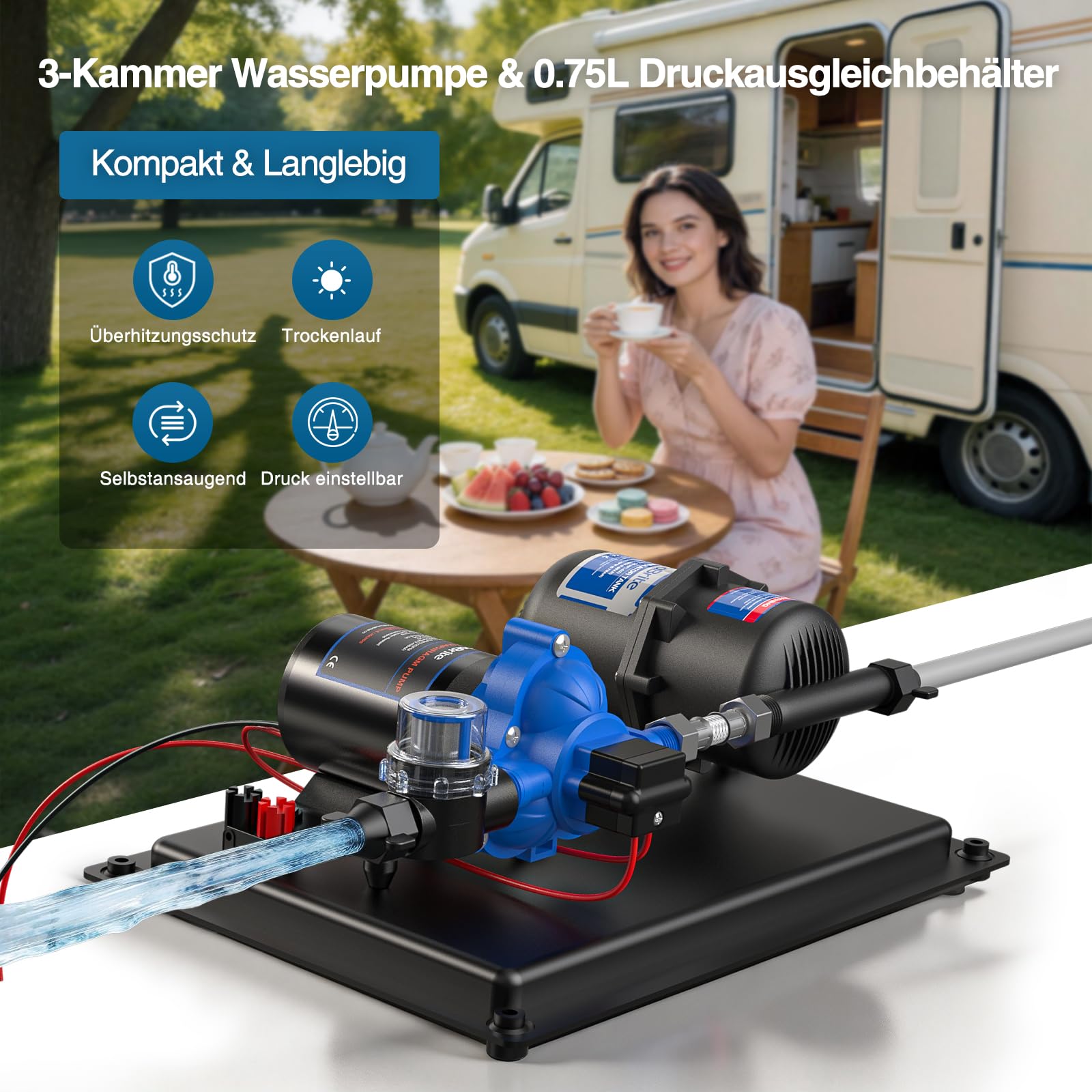 DC 12V Wasserdrucksystem - Wasserpumpe 12V Membranpumpe Selbstansaugende 3.0GPM 50 PSI und 0.75L 125 PSI Druckausgleichsbehälter Wohnmobil für Camping Gartenbewässerung, Boote