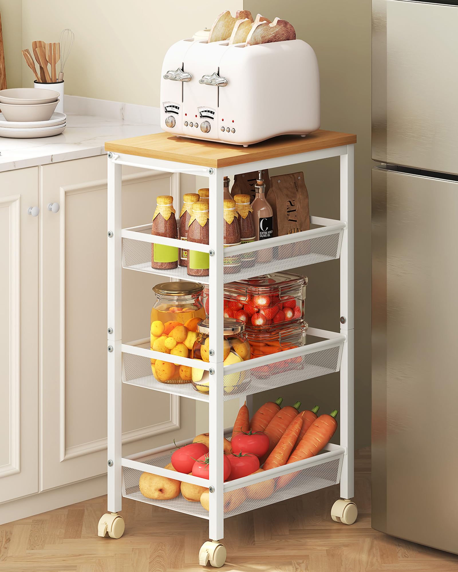 Hoctieon Rolling Storage Cart, 4-Tier Wide Panel Rolling Kitchen Storage Cart, Utility Cart with Handle & Wheels, Mobile Shelving Unit, Metal Frame Narrow Cart for Home Kitchen, Laundry, Oak Beige
