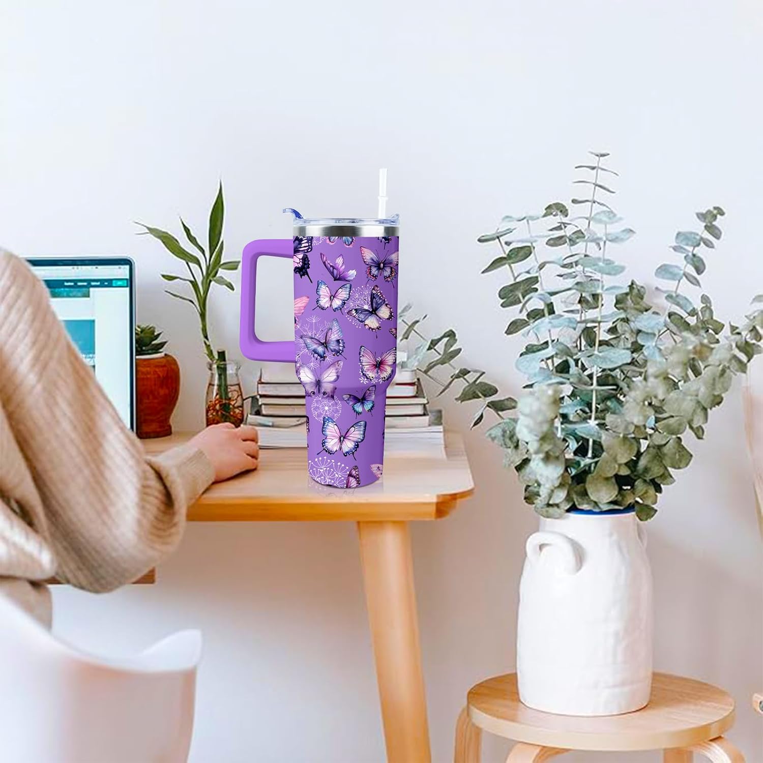 Butterfly Tumbler 40 oz Tumbler with Handle and Straw Lid Leak Proof - Butterfly Coffee Travel Mug with Handle Insulated for Hot and Cold Drink Ice - Christmas Birthday Gifts for Women Lovers Cup - Image 3